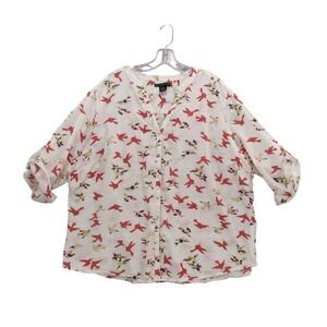 Preswick & Moore Bird Print Button Down 3/4 Roll Tab Sleeve Blouse Top 3X Corron